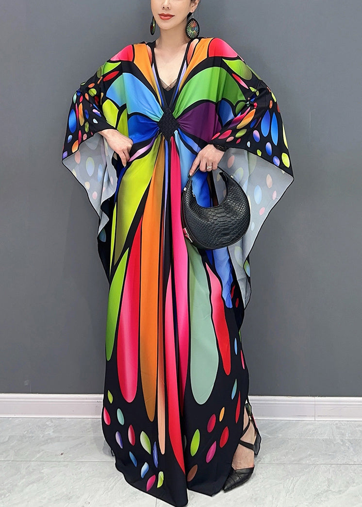 Deep V-Neck Center Buckle Butterfly Wing Print Batwing Maxi Kaftan Dress