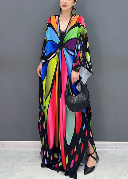 Deep V-Neck Center Buckle Butterfly Wing Print Batwing Maxi Kaftan Dress