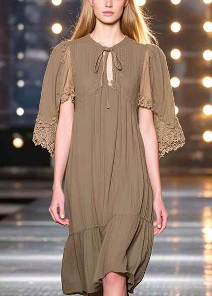 Round Neck Lace Up Cloak Sleeve Cotton Tea Midi Dress
