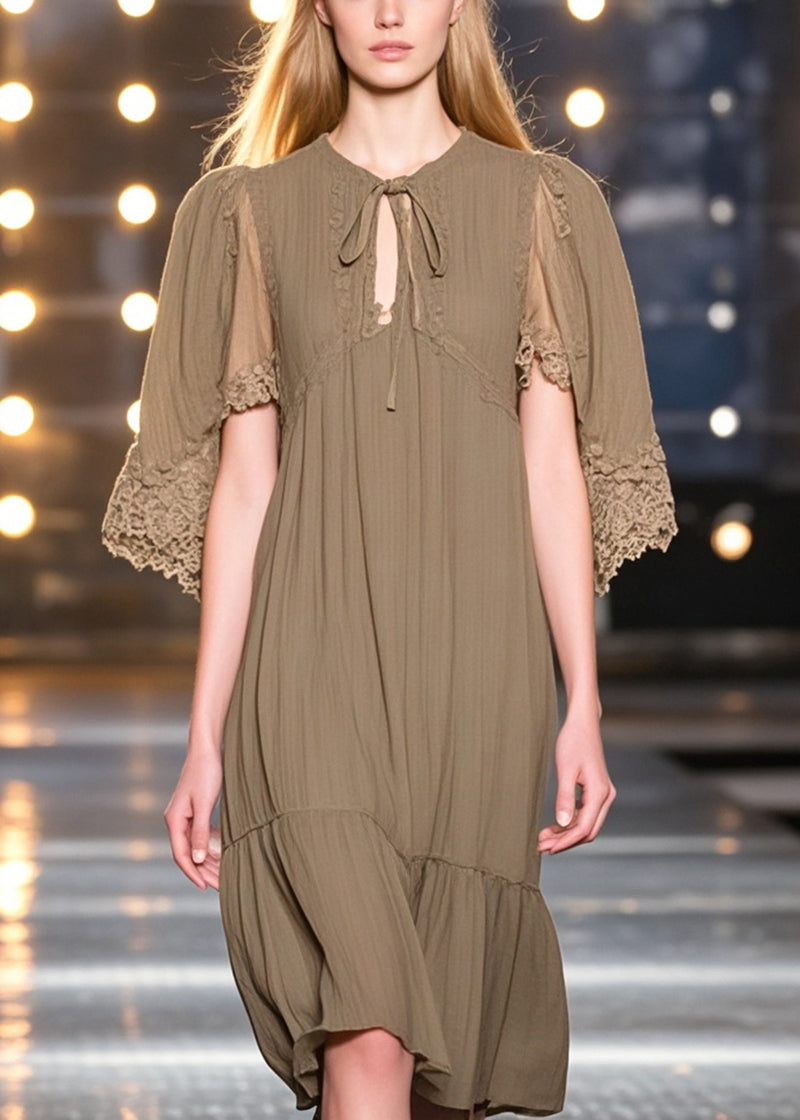 Round Neck Lace Up Cloak Sleeve Cotton Tea Midi Dress