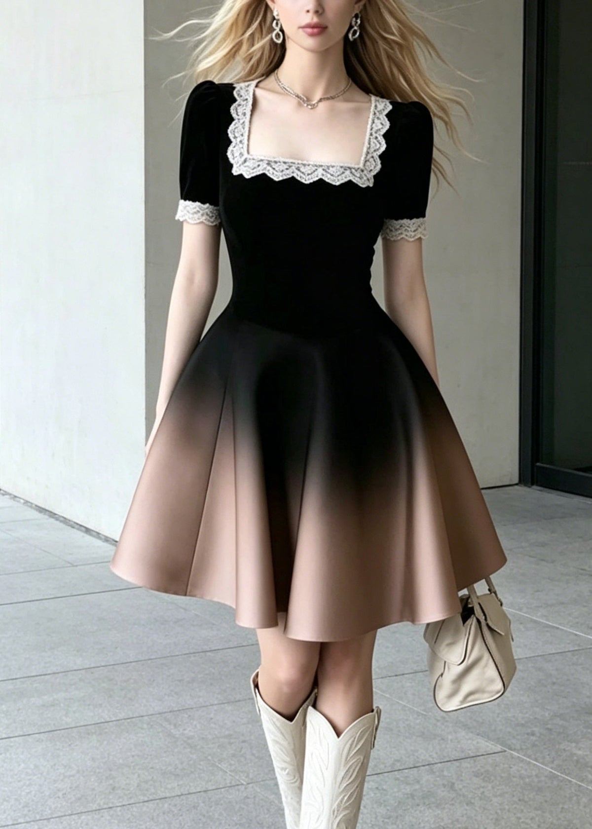 Square Neck Lace Trim Ombre Velvet Fit And Flare Mini Dress