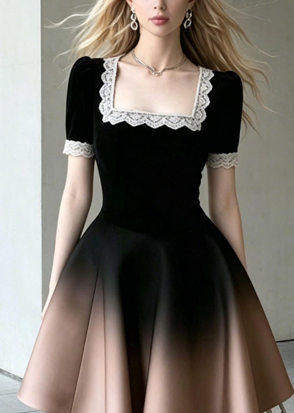Square Neck Lace Trim Ombre Velvet Fit And Flare Mini Dress