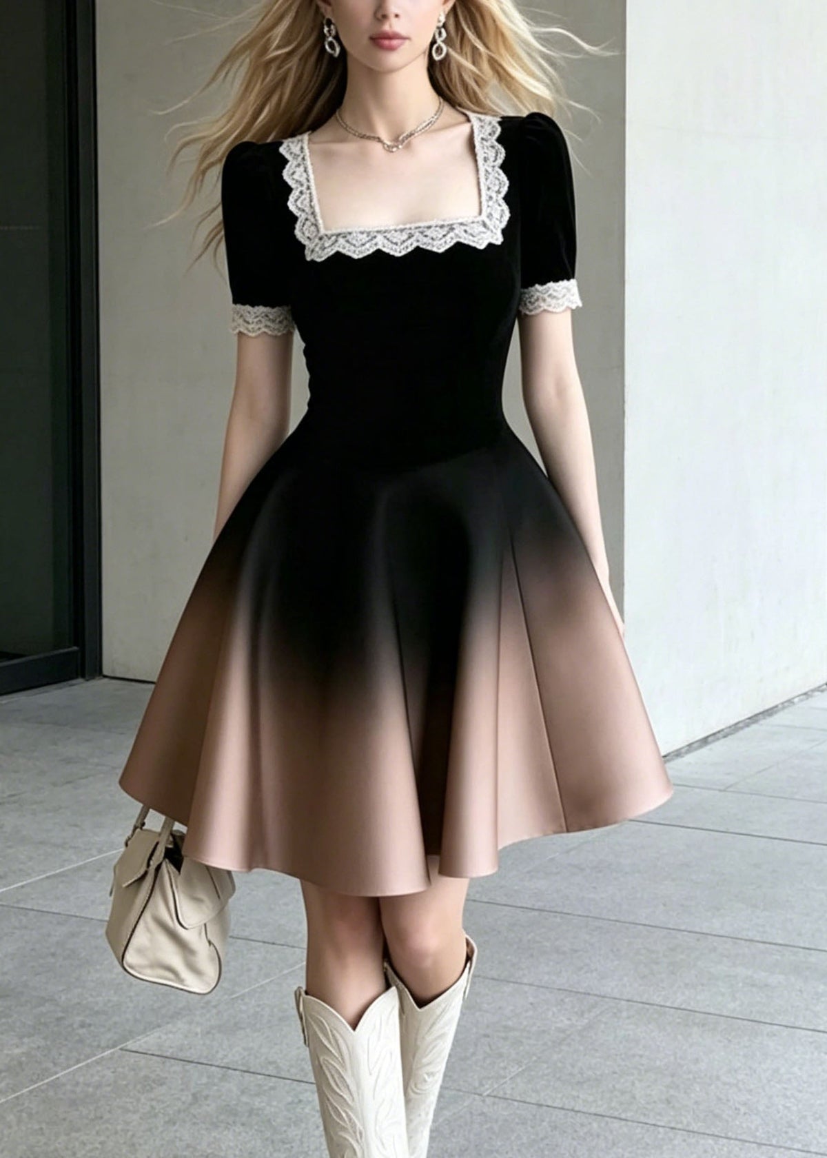 Square Neck Lace Trim Ombre Velvet Fit And Flare Mini Dress