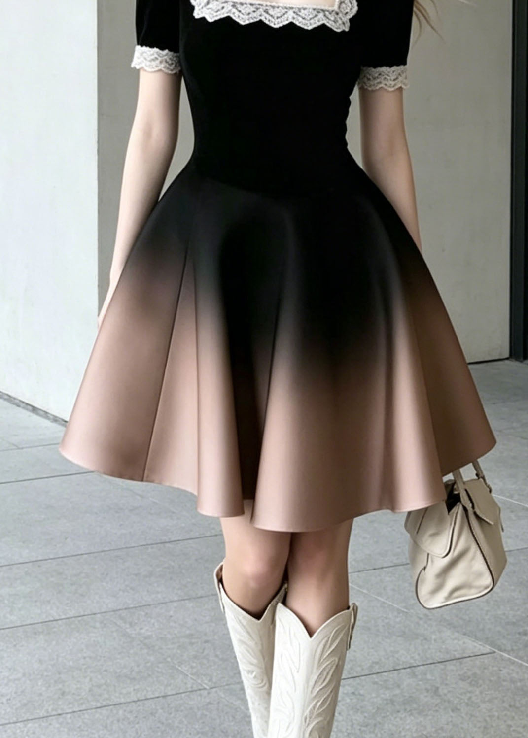Square Neck Lace Trim Ombre Velvet Fit And Flare Mini Dress