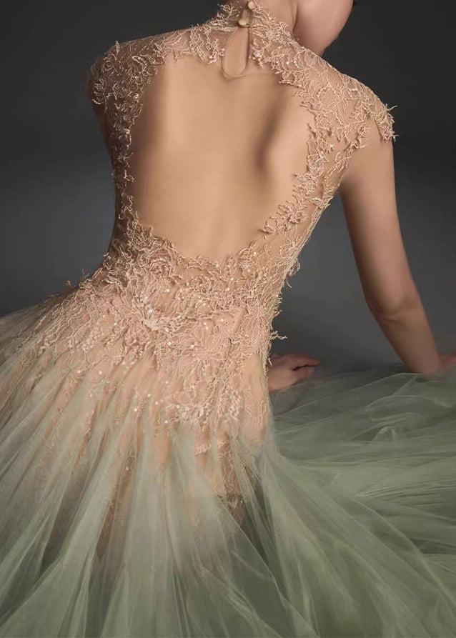 Mock Neck Lace Embroidered Cap Sleeve Pleated Tulle Midi Dress