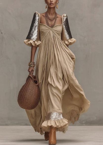 Square Neck Twisted Knot Sequin Puff Sleeve Tiered Maxi Dress