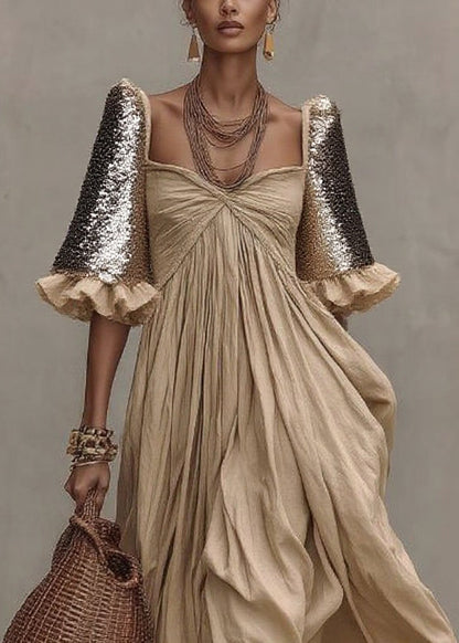 Square Neck Twisted Knot Sequin Puff Sleeve Tiered Maxi Dress