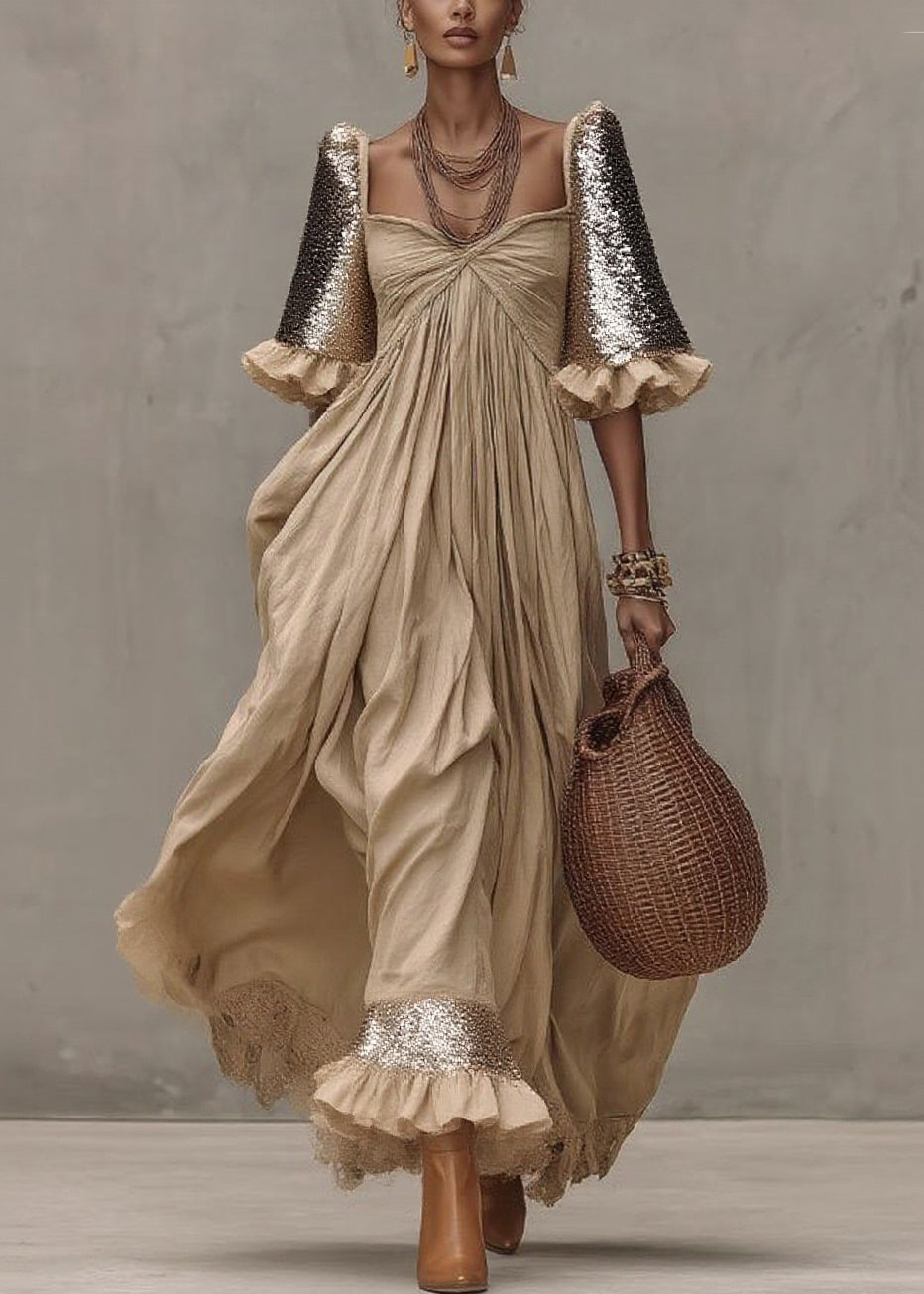 Square Neck Twisted Knot Sequin Puff Sleeve Tiered Maxi Dress