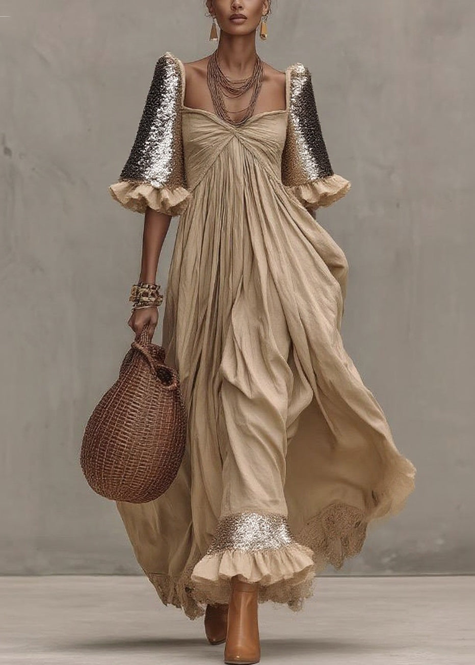 Square Neck Twisted Knot Sequin Puff Sleeve Tiered Maxi Dress