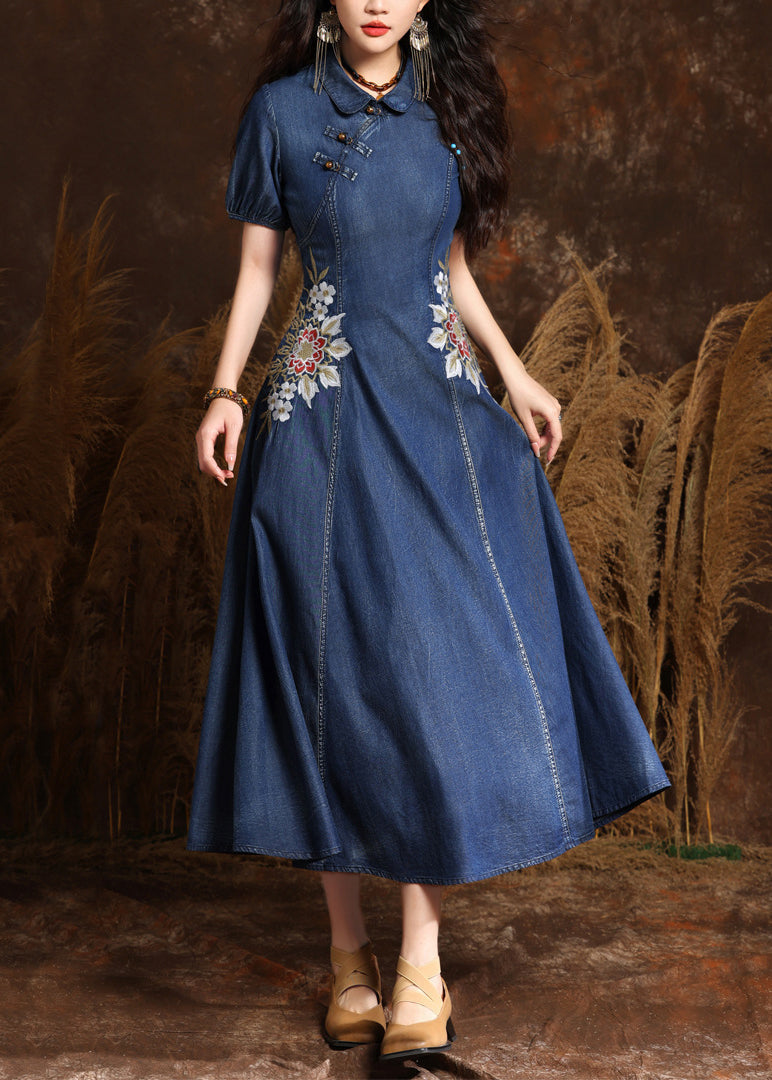Peter Pan Collar Frog Button Embroidered Denim Midi Dress