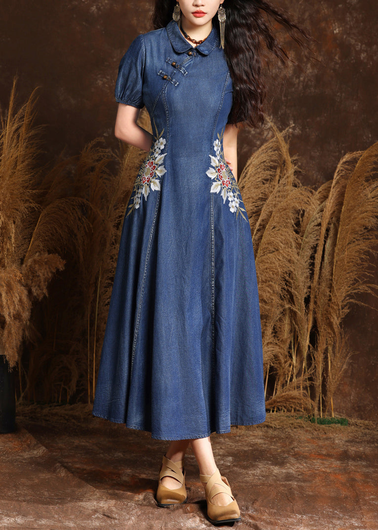Peter Pan Collar Frog Button Embroidered Denim Midi Dress