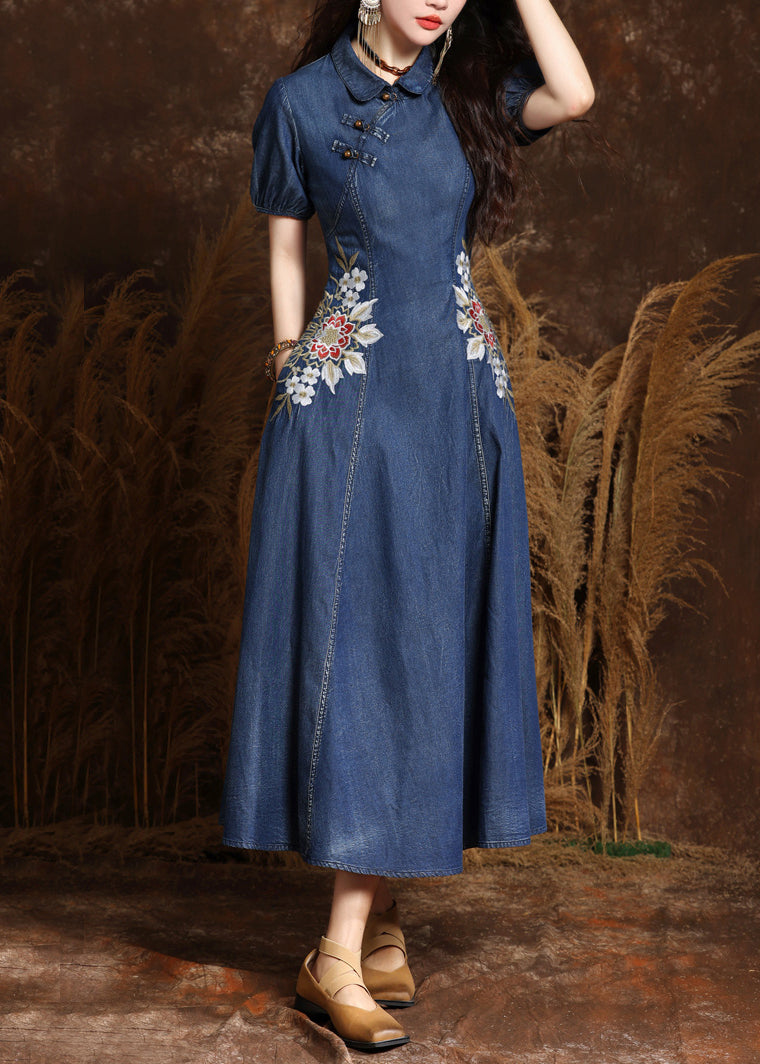 Peter Pan Collar Frog Button Embroidered Denim Midi Dress