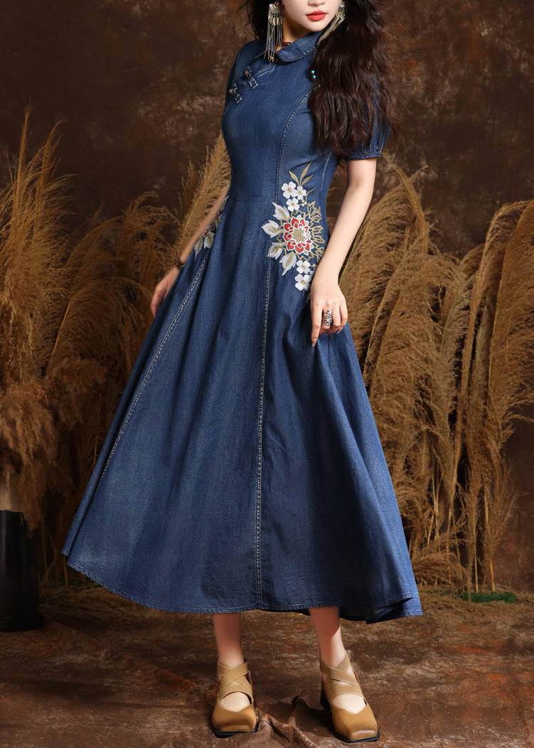 Peter Pan Collar Frog Button Embroidered Denim Midi Dress