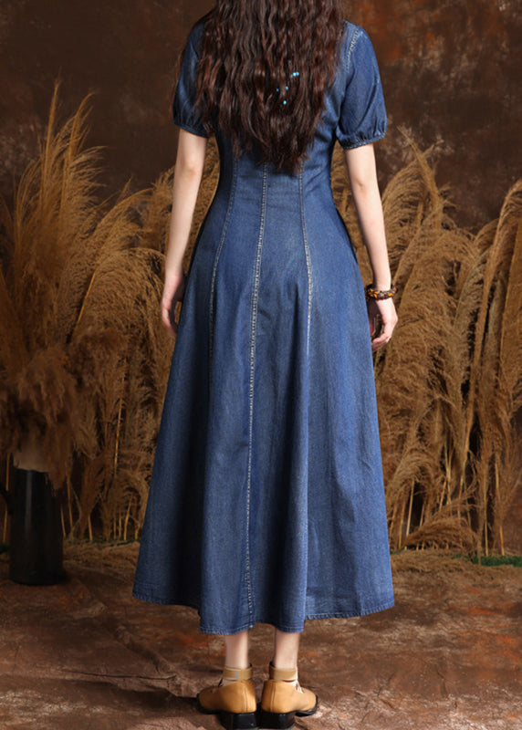 Peter Pan Collar Frog Button Embroidered Denim Midi Dress