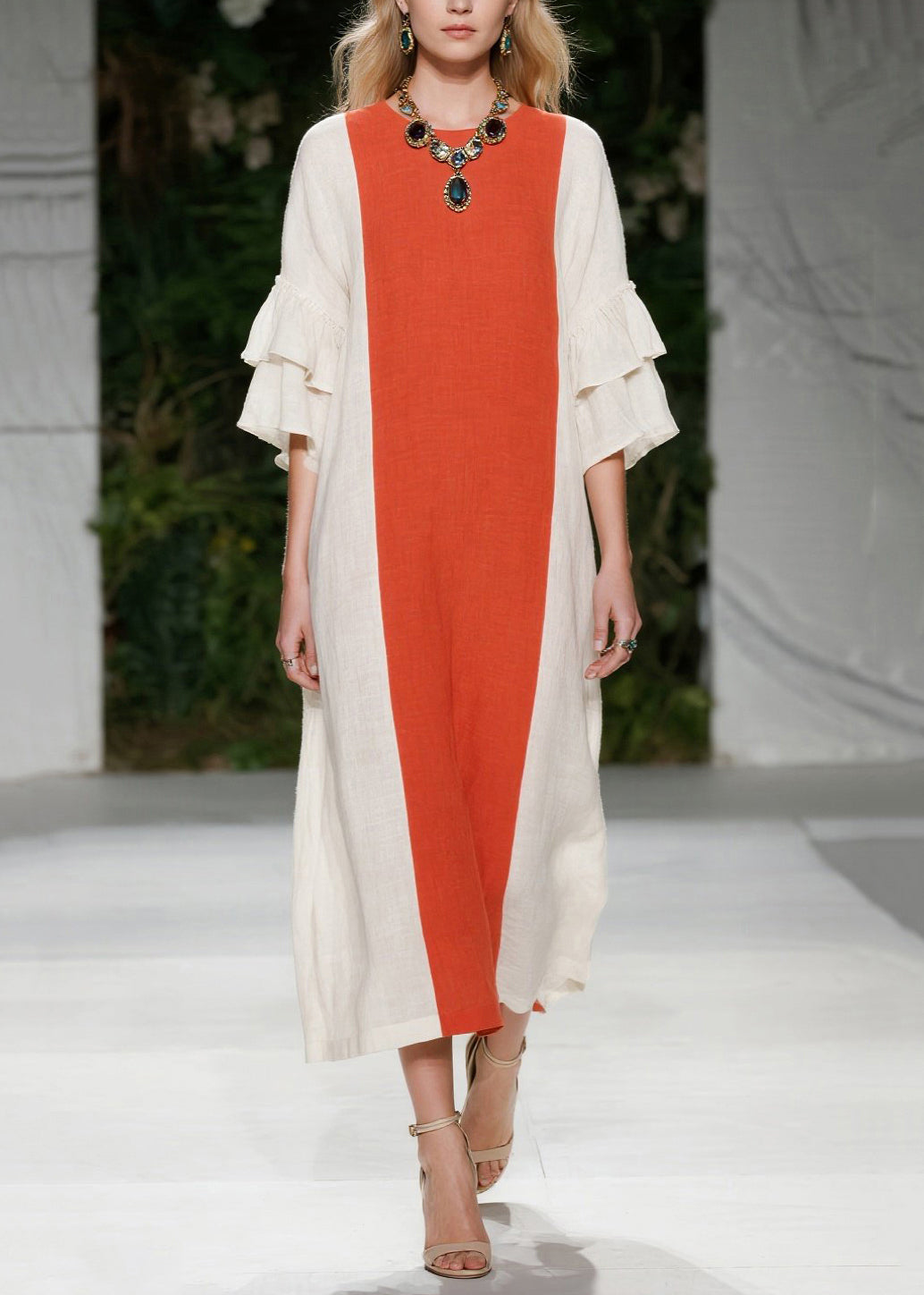Crew Neck Colorblock Linen Double Ruffle Flounce Sleeve Midi Dress