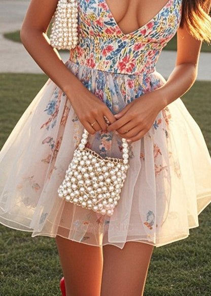 Deep V-Neck Spaghetti Strap Floral Print Tulle Overlay Flared Mini Dress