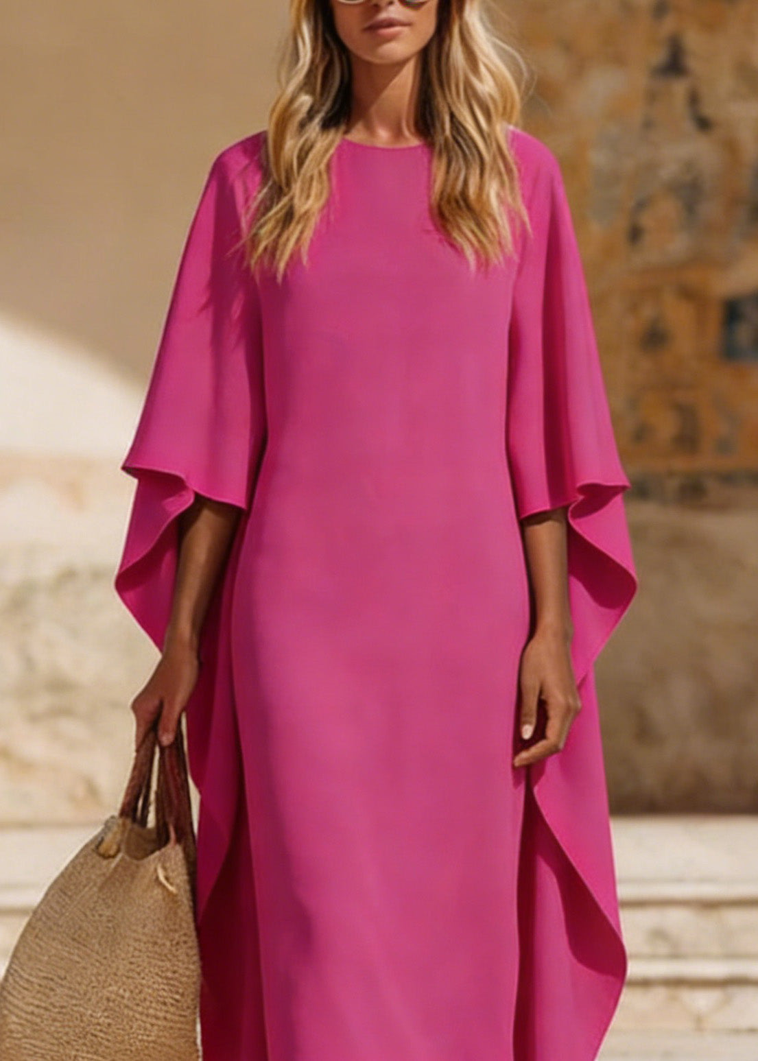 Round Neck Cape Sleeve Column Midi Dress with Sheer Drape Overlay