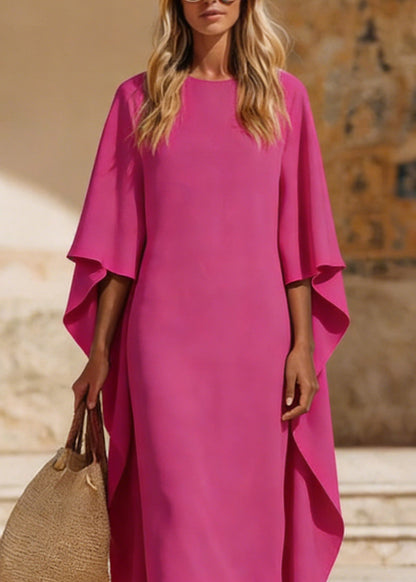 Round Neck Cape Sleeve Column Midi Dress with Sheer Drape Overlay