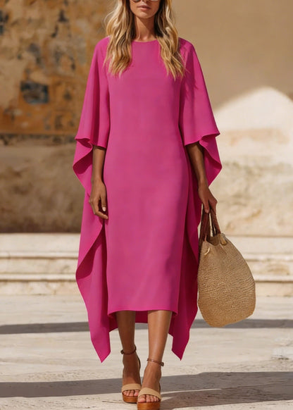 Round Neck Cape Sleeve Column Midi Dress with Sheer Drape Overlay