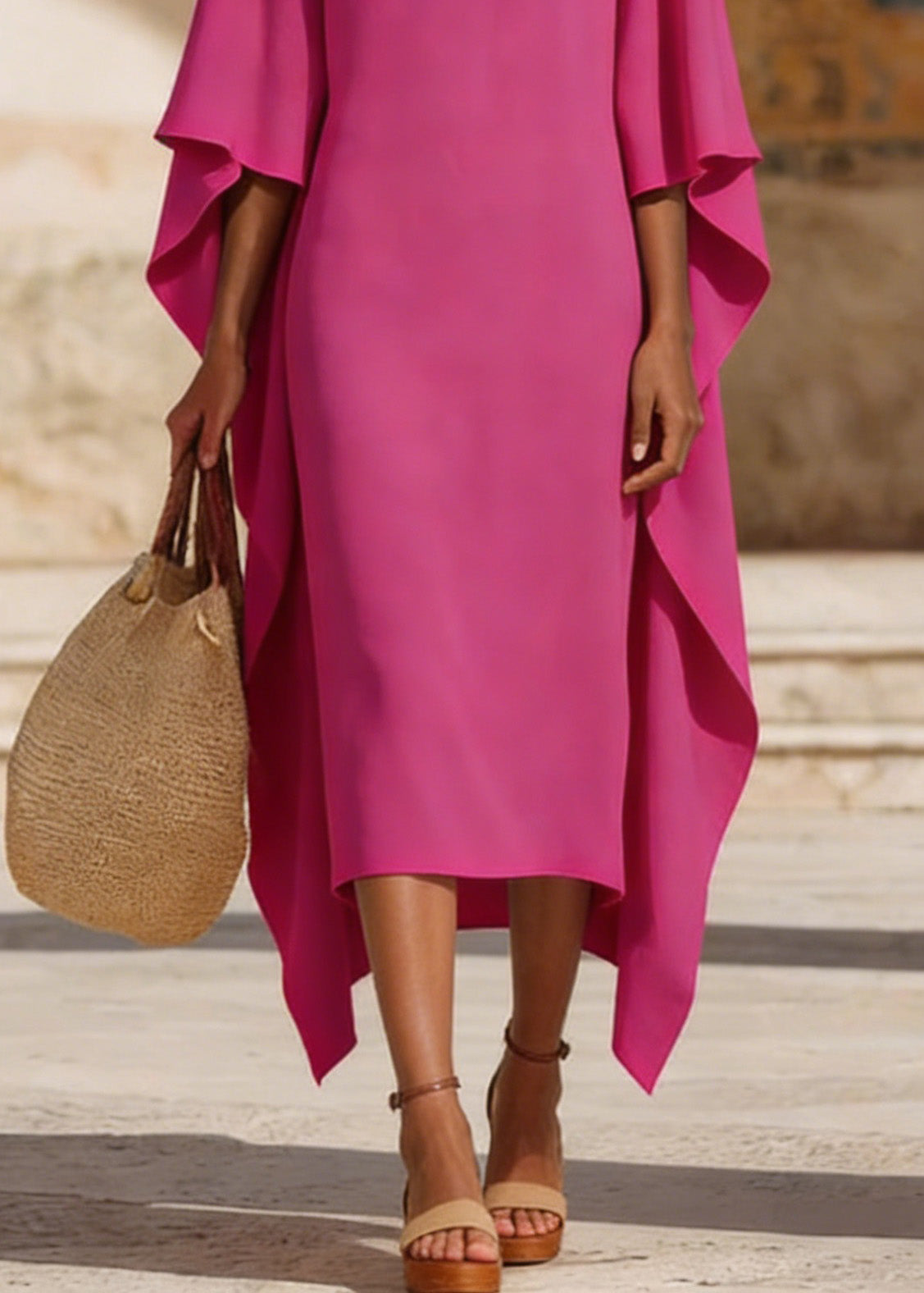 Round Neck Cape Sleeve Column Midi Dress with Sheer Drape Overlay
