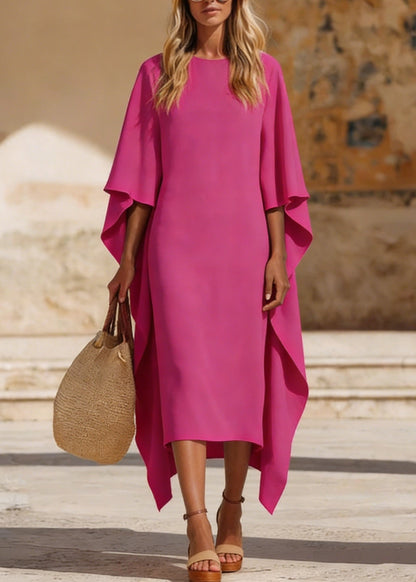 Round Neck Cape Sleeve Column Midi Dress with Sheer Drape Overlay