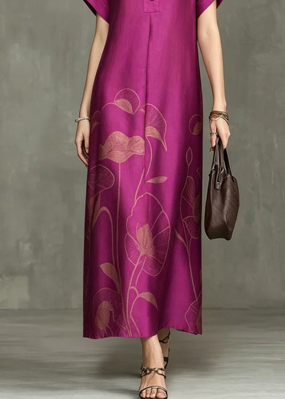 Notched Lapel V-Neck Floral Line Art Print Shift Maxi Dress