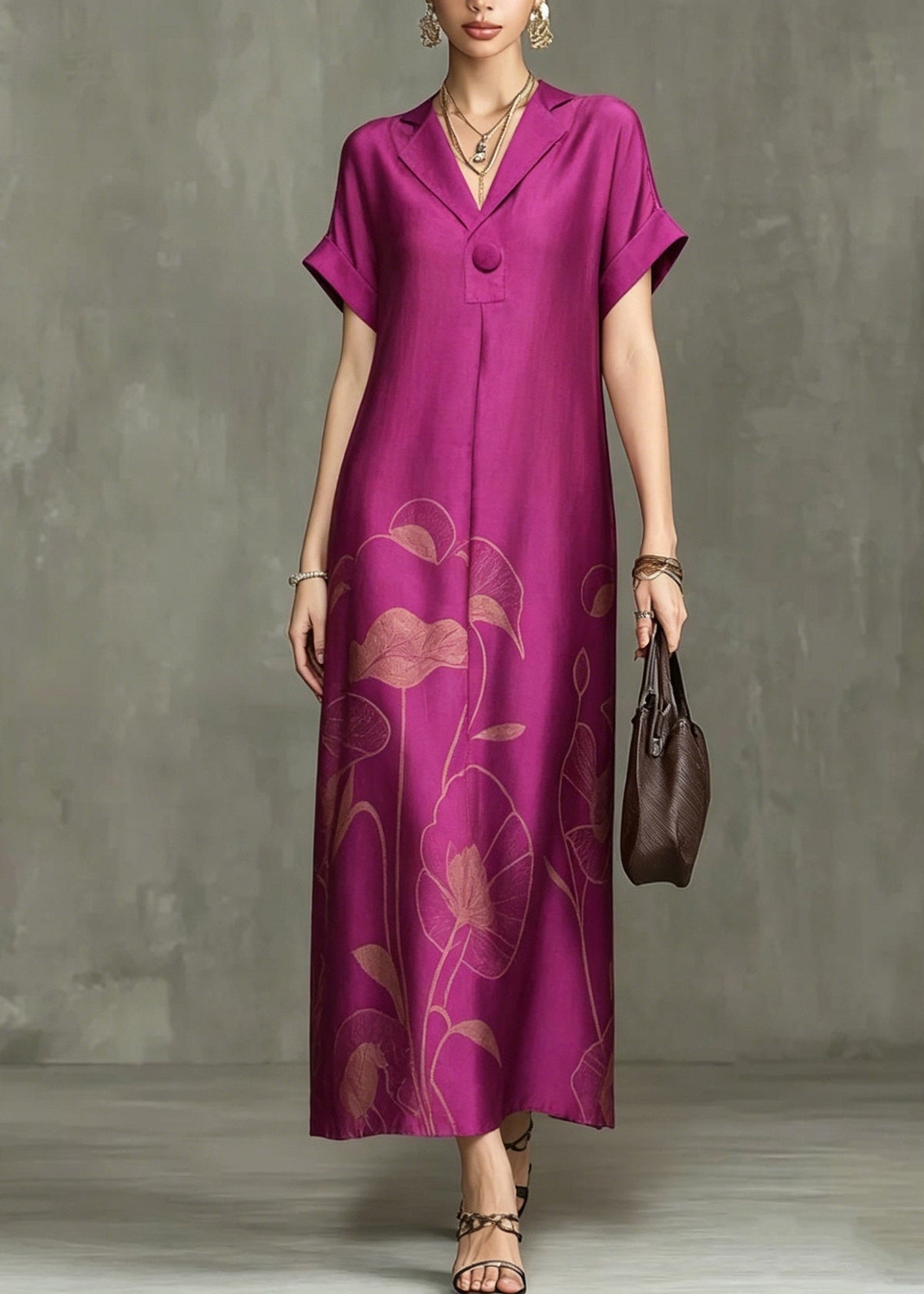 Notched Lapel V-Neck Floral Line Art Print Shift Maxi Dress