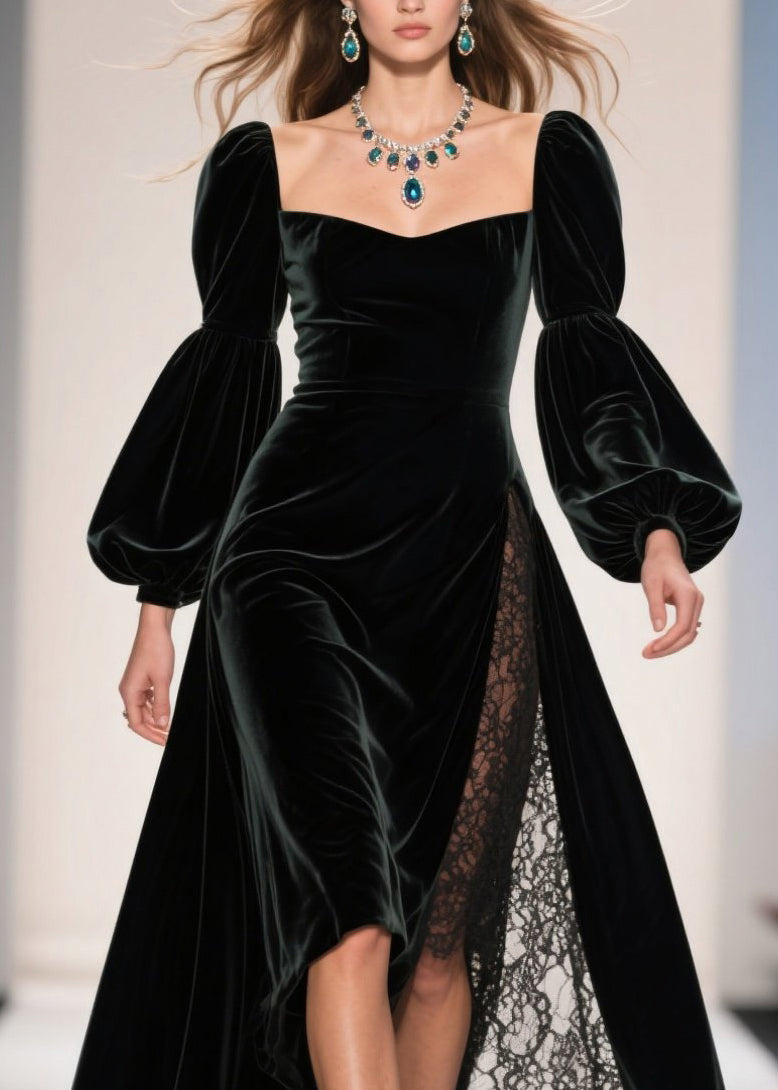 Sweetheart Neck Bishop Sleeve Velvet Lace Panel Slit Gown