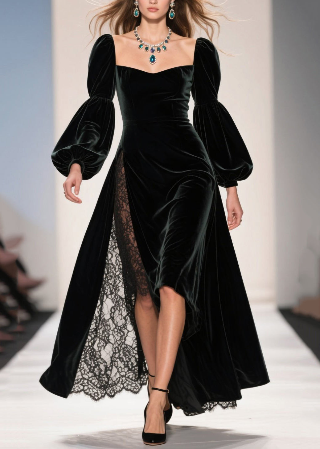 Sweetheart Neck Bishop Sleeve Velvet Lace Panel Slit Gown