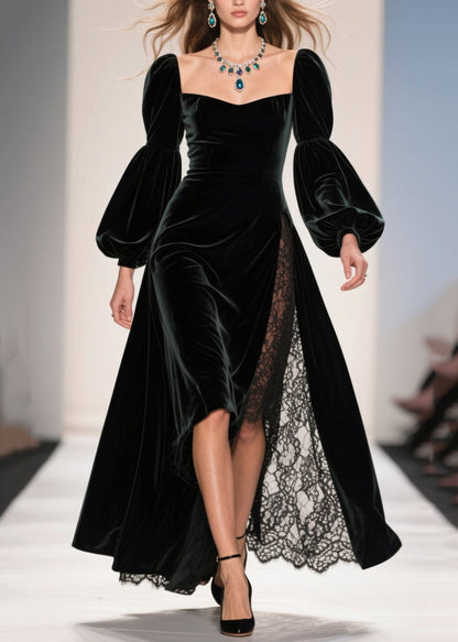 Sweetheart Neck Bishop Sleeve Velvet Lace Panel Slit Gown