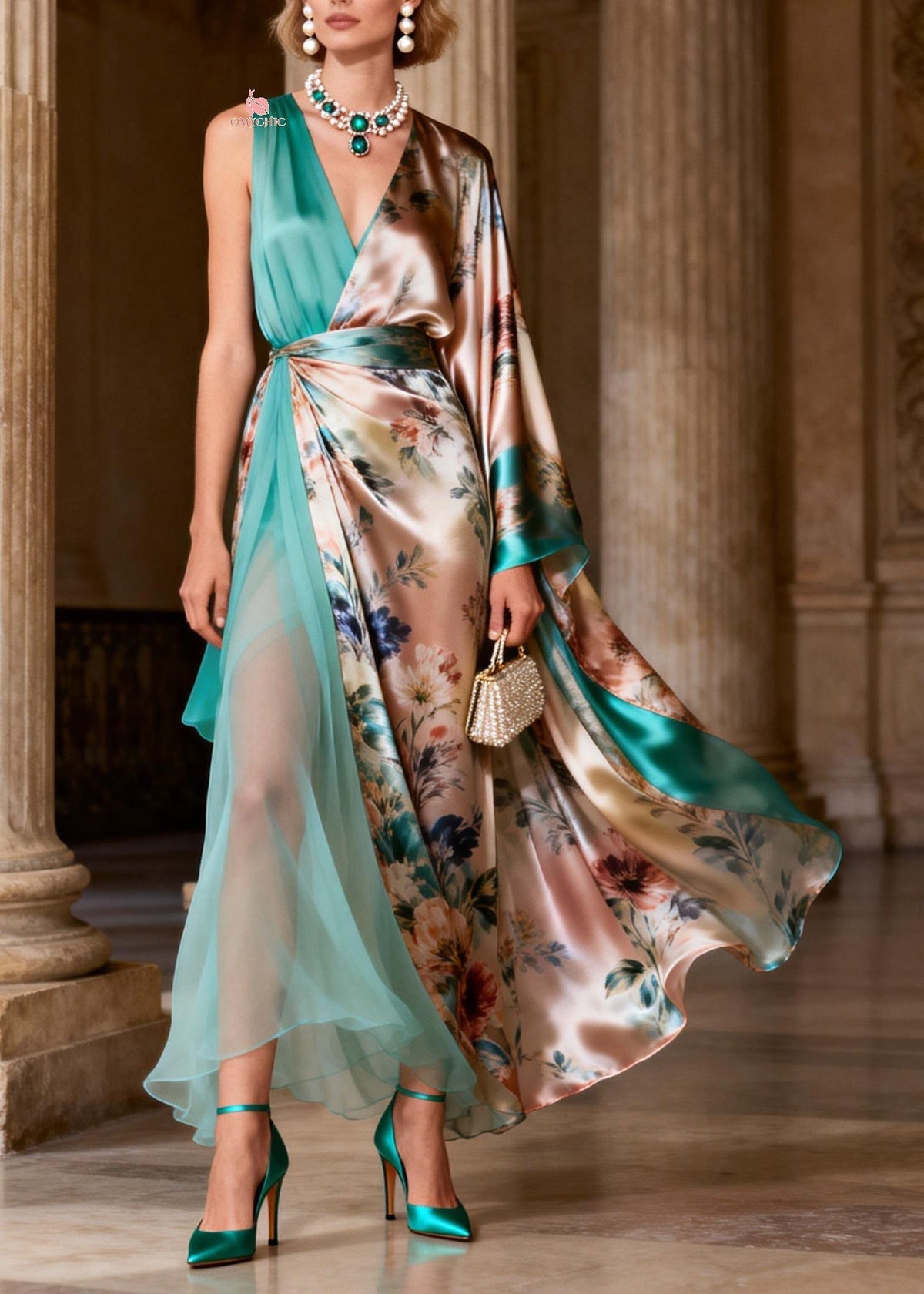 One Shoulder Cape Sleeve Floral Satin High Slit Maxi Gown
