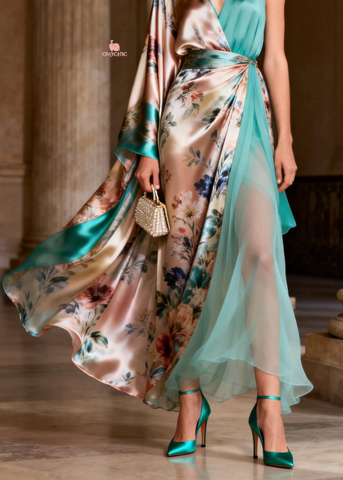 One Shoulder Cape Sleeve Floral Satin High Slit Maxi Gown