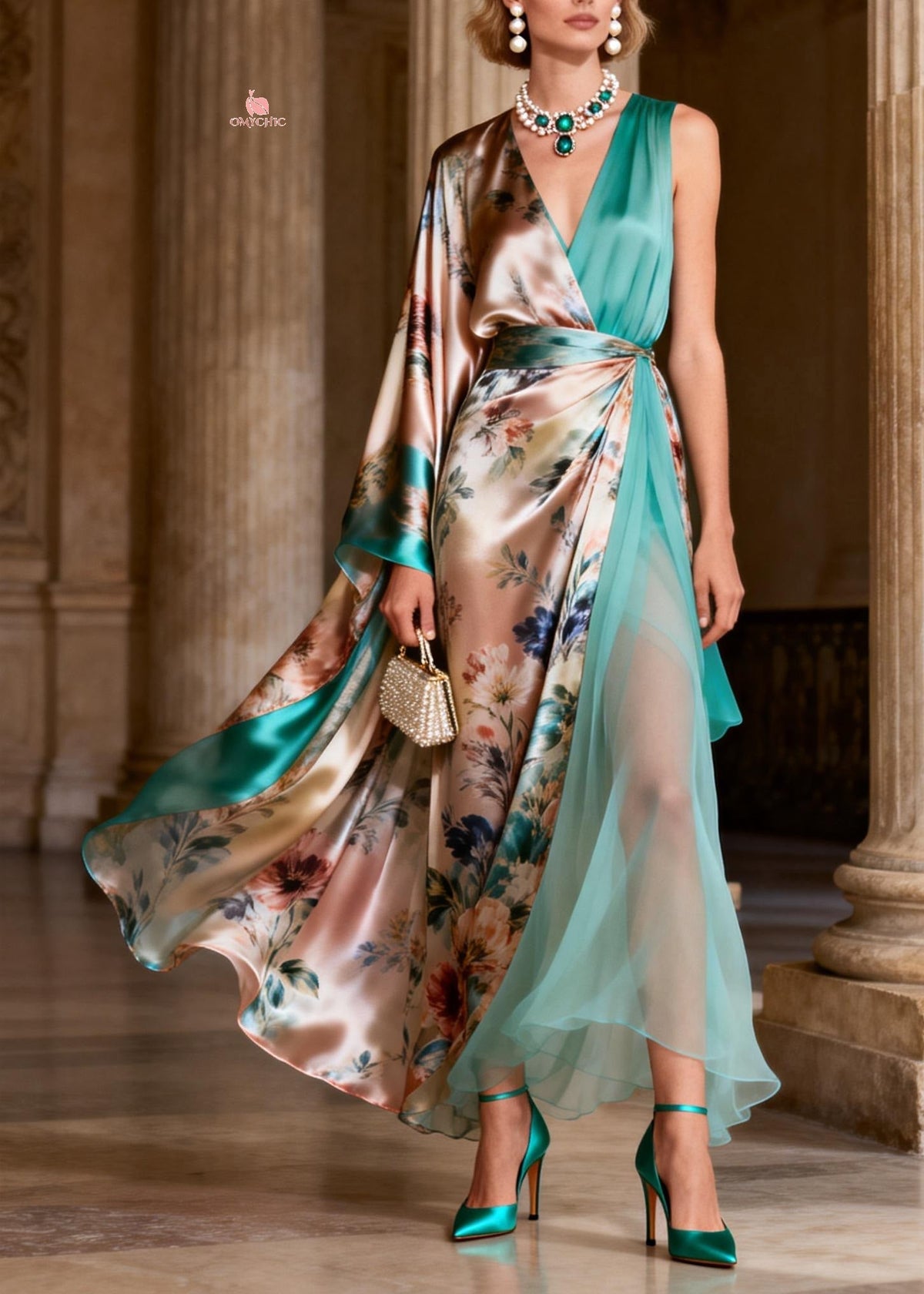 One Shoulder Cape Sleeve Floral Satin High Slit Maxi Gown