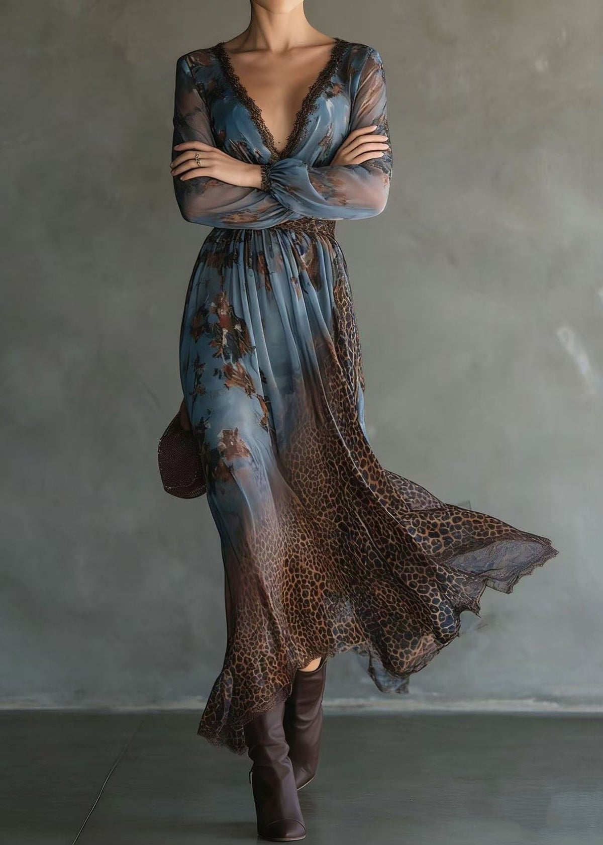 Deep V-Neck Lace Trim Bishop Sleeve Wildcat Waistband Mixed Print Maxi Dress