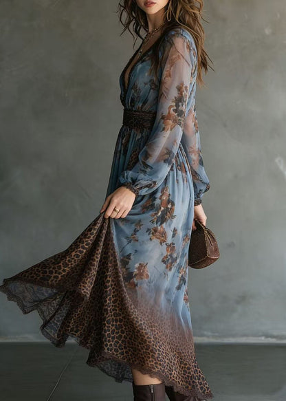Deep V-Neck Lace Trim Bishop Sleeve Wildcat Waistband Mixed Print Maxi Dress