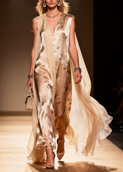 Deep V-Neck Floral Print Sheer Cape Panel Maxi Gown