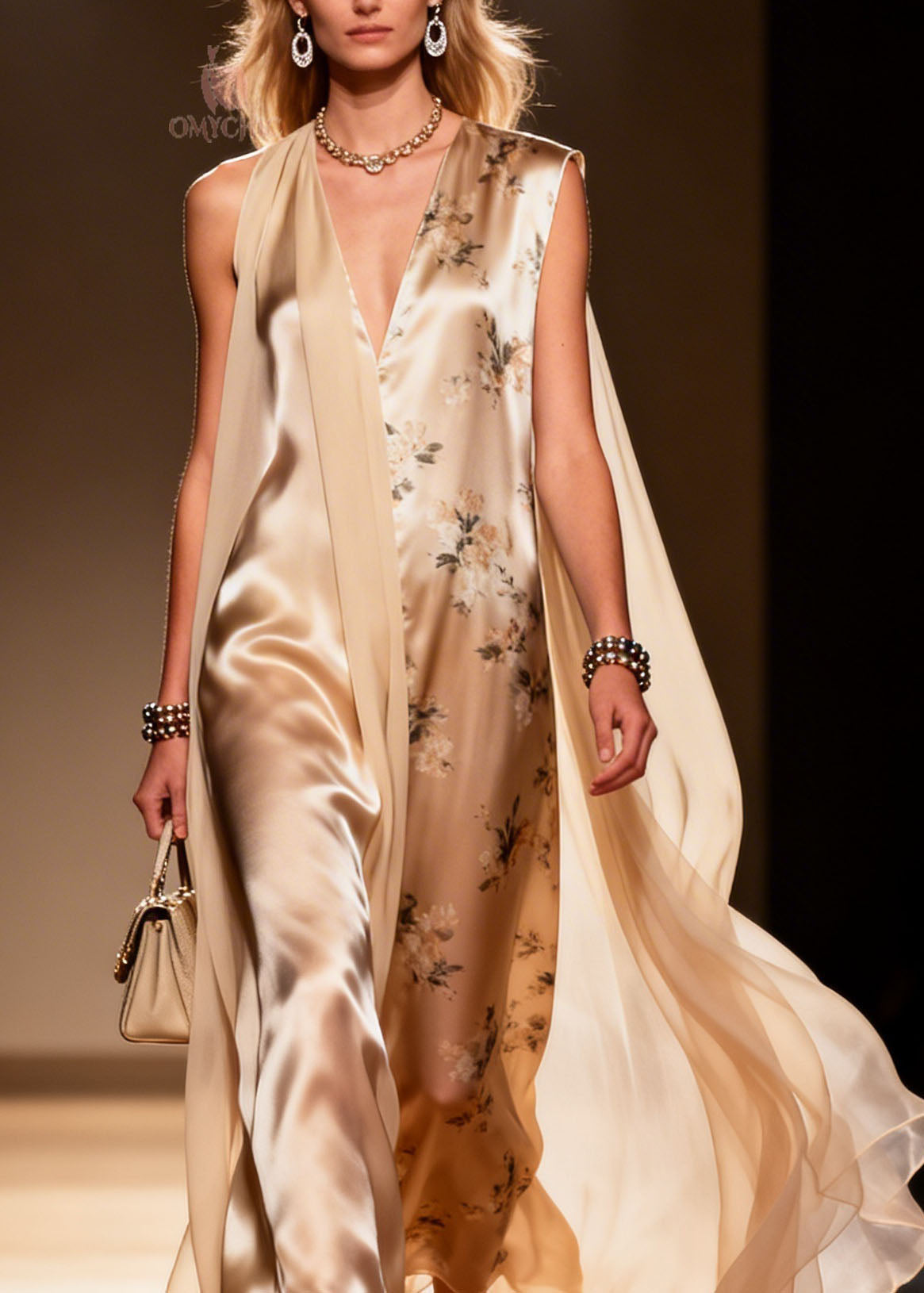 Deep V-Neck Floral Print Sheer Cape Panel Maxi Gown
