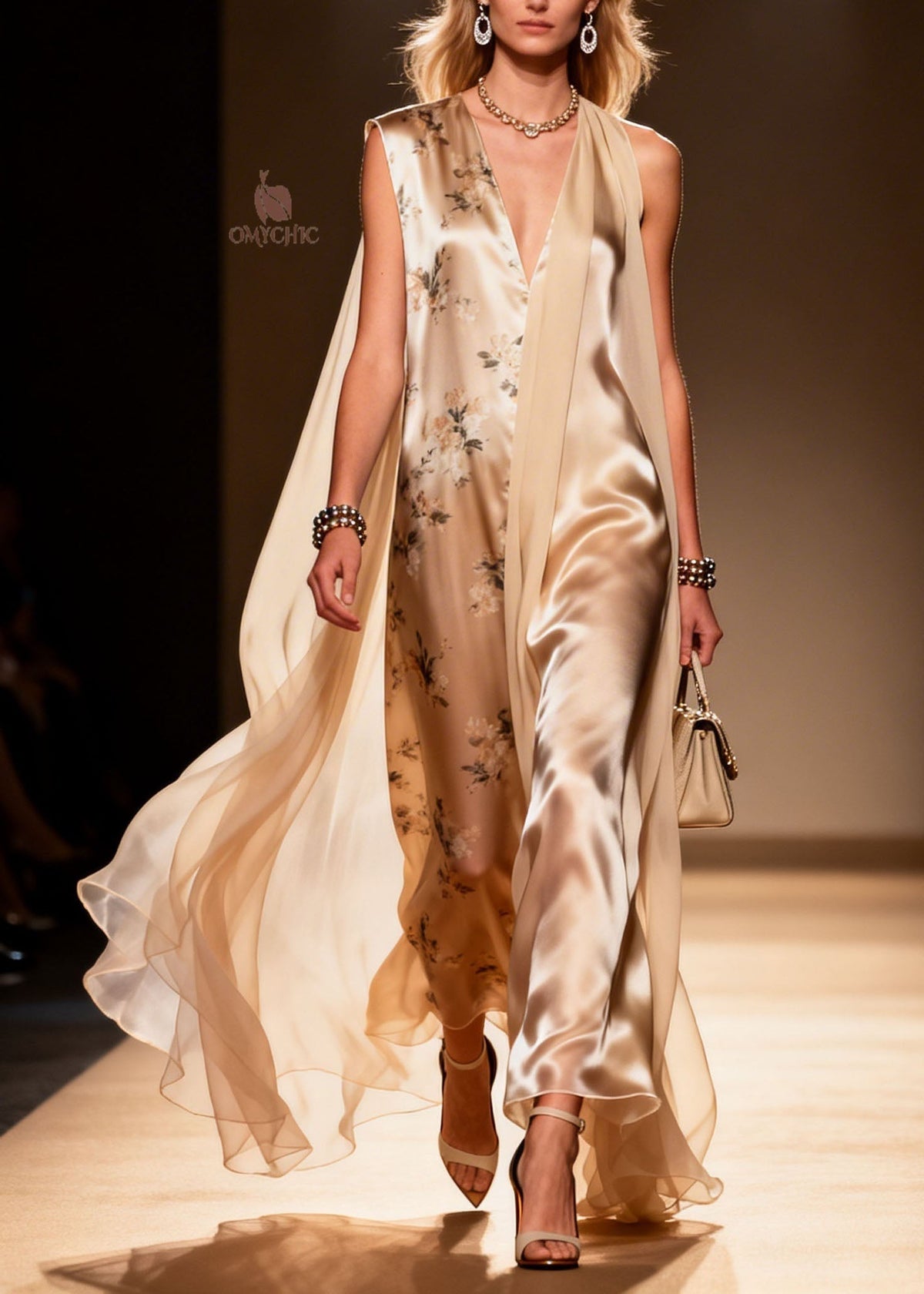 Deep V-Neck Floral Print Sheer Cape Panel Maxi Gown