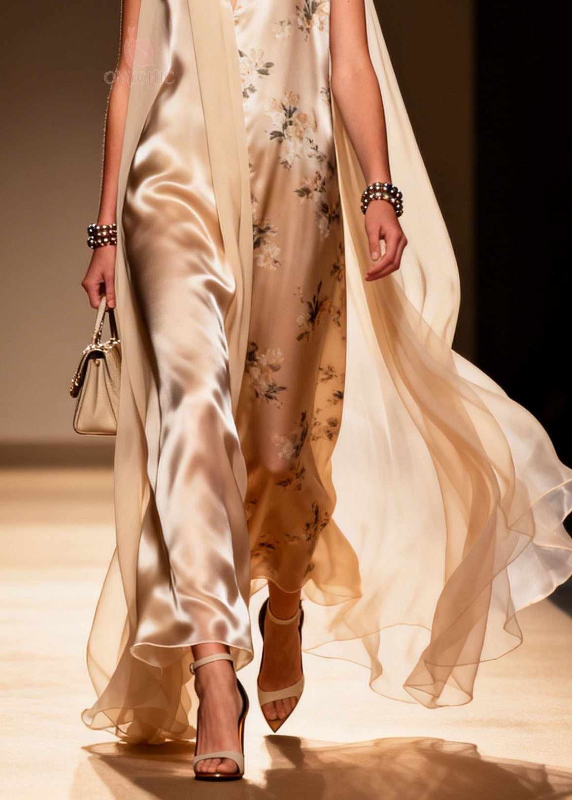 Deep V-Neck Floral Print Sheer Cape Panel Maxi Gown