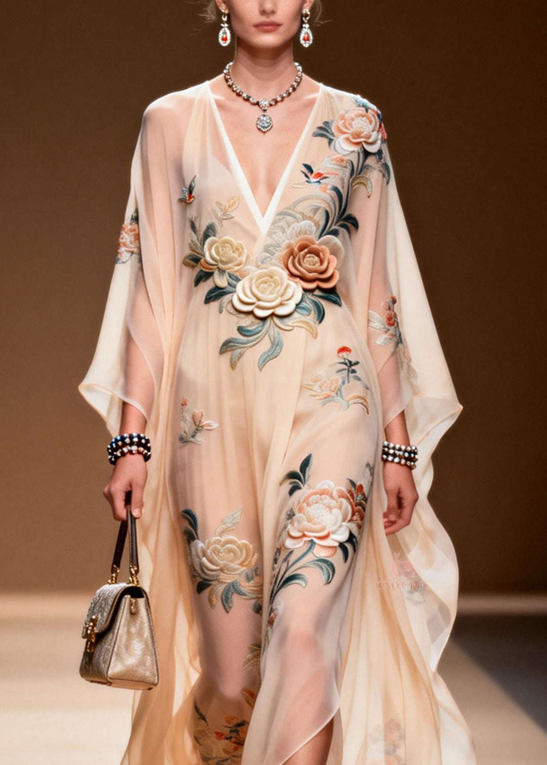 Deep V-Neck Wide Sleeve 3D Floral Bird Embroidery Sheer Chiffon Kaftan Maxi Dress