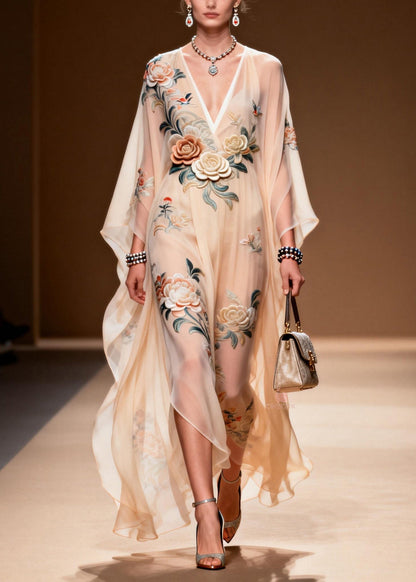 Deep V-Neck Wide Sleeve 3D Floral Bird Embroidery Sheer Chiffon Kaftan Maxi Dress
