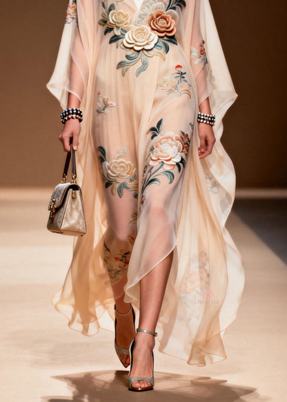 Deep V-Neck Wide Sleeve 3D Floral Bird Embroidery Sheer Chiffon Kaftan Maxi Dress
