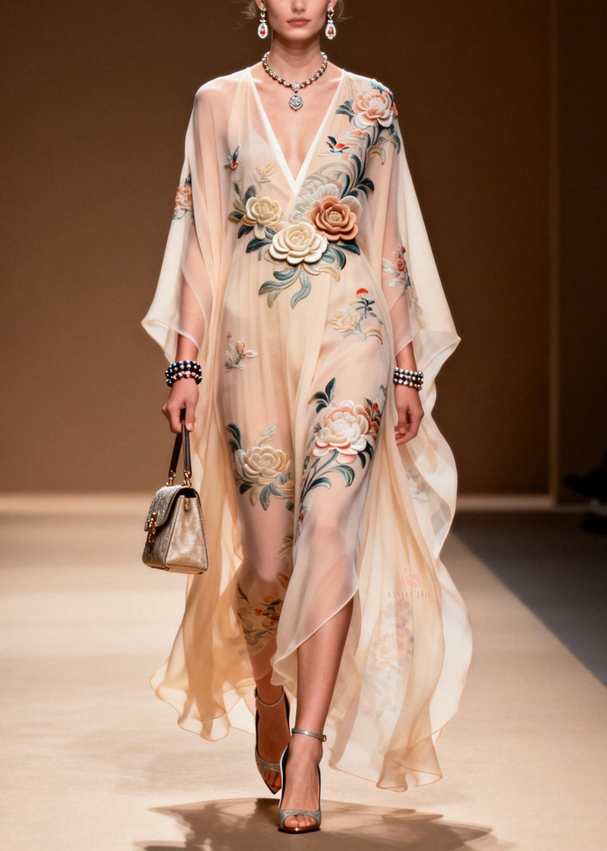 Deep V-Neck Wide Sleeve 3D Floral Bird Embroidery Sheer Chiffon Kaftan Maxi Dress