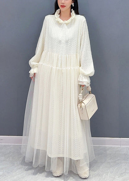 Ruffled Collar Eyelet Knit Tulle Overlay Balloon Sleeve Maxi Dress