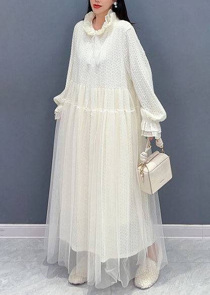 Ruffled Collar Eyelet Knit Tulle Overlay Balloon Sleeve Maxi Dress