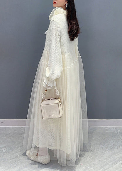 Ruffled Collar Eyelet Knit Tulle Overlay Balloon Sleeve Maxi Dress