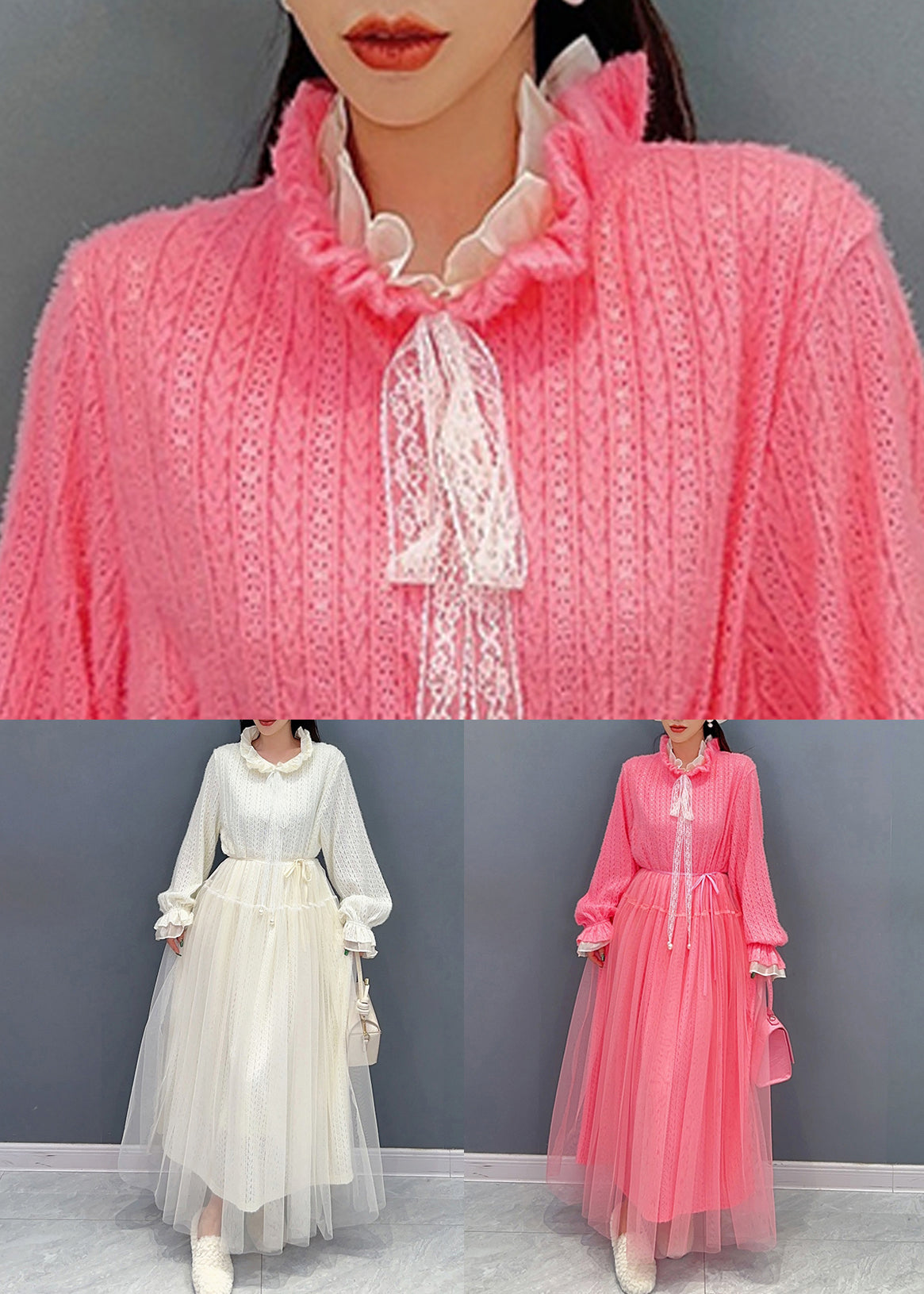 Ruffled Collar Eyelet Knit Tulle Overlay Balloon Sleeve Maxi Dress