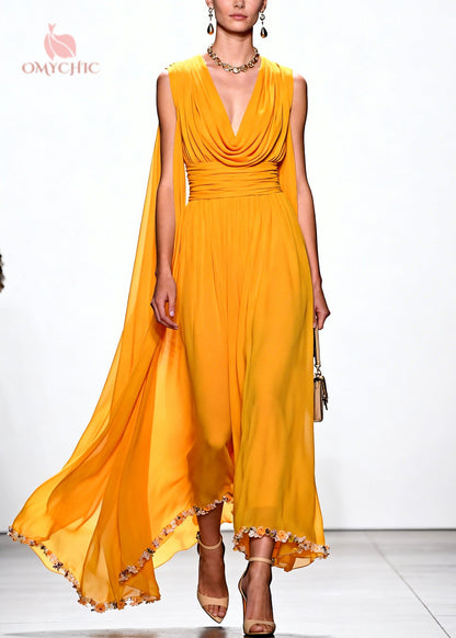 Cowl Neck Cape Sleeve Ruched Waist 3D Floral Embroidered Hem Maxi Gown