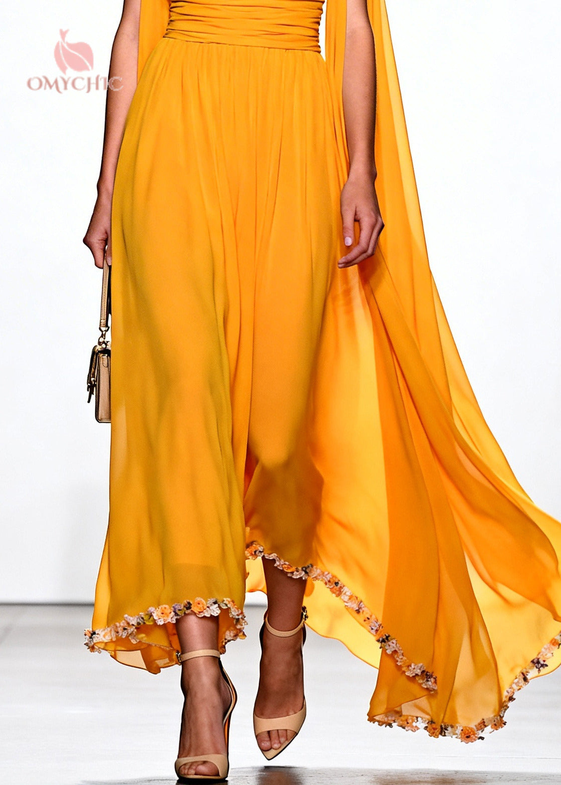 Cowl Neck Cape Sleeve Ruched Waist 3D Floral Embroidered Hem Maxi Gown