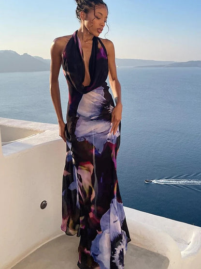 Oversized Floral Print Halter Neck Deep Plunge Column Maxi Dress